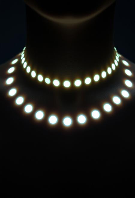 subdermal LED collar necklace, (internal LED glow:1.8), (embedded LEDs:1.7) forming uniform, evenly spaced glowing circles beneath the skin, (radiant light points:1.6) following the natural curve of the neck, mimicking the elegant pattern of a classic collar necklace, soft light diffusing smoothly through the skin, (glowing circular accents:1.6), high-definition, (ultra-realistic skin texture:1.8), glowing circles forming a timeless collar-like design, perfect for both formal and casual wear, (worn necklace:-1.8), (visible pearls:-1.8), (clunky design:-1.5), seamlessly integrated light beneath the skin, radiant yet minimalist elegance, smooth light transitions