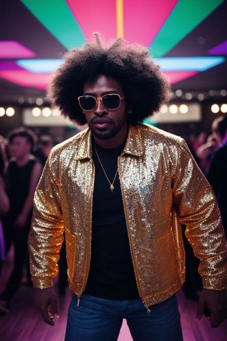 raw photo, upper body, disco, (80s, retro:1.1), dance floor, lasers, rainbow theme, a dancer man, 30 years old, sunglasses, big afro, (manly, wide jaw:1.2), dark skin, sparkly jacket, golden shirt, (vibrant colors:0.9), film grain, bokeh, fashion magazine