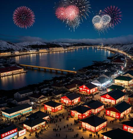 Winter festival in a coastal town, fireworks and dragon parades, in a festive anime style.