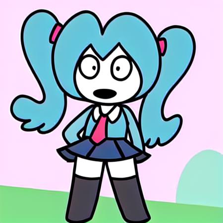 ((hatsune miku)), vocaloid, (twintails), blue hair, pleated skirt, necktie, chibi, [:(algebralien),:0.15] solo, fullbody <lora:Algebraliens-000002:0.69>