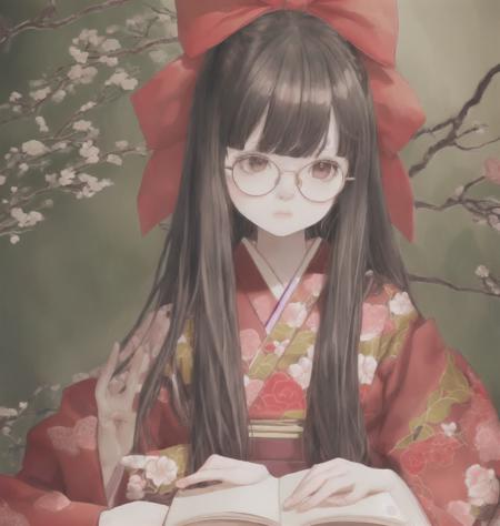 1girl, artist_name, bangs, black_eyes, book, branch, camellia, cherry_blossoms, floral_print, flower, glasses, hair_ribbon, holding, holding_book, japanese_clothes, kimono, long_hair, open_book, petals, pink_flower, plum_blossoms, reading, red_flower, red_ribbon, red_rose, ribbon, rose, round_eyewear, solo, traditional_media, tree, upper_body, white_flower,<lora:yeqiche-000008:0.7>