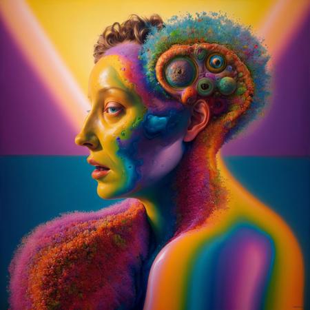a hyper detailed( (surreal:0.3):0.6) abstract acrylic painting of a woman,
deformed forms,
evocative subjects,
rim light,
colorful sunlight,
thomas desjardins,
deijardon,