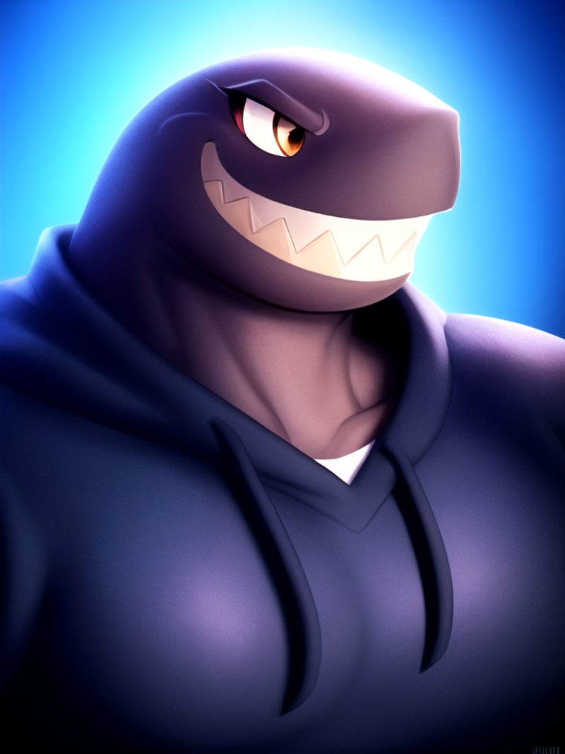 bulletbill, male, anthro, solo, portrait, hoodie, (best quality), (detailed background:1.2), looking at viewer, grin, 1boy...