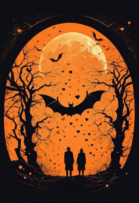 Black and orange silhouette vector art, (Noir art style:1.3), Dramatic composition, Sweeping light, (Skulls and hearts:1.2), Geometric patterns, Sinister bats, (Lunar backdrop:1.2), Ghostly figure in the distance, (Dynamic energy:1.2), Haunting atmosphere.