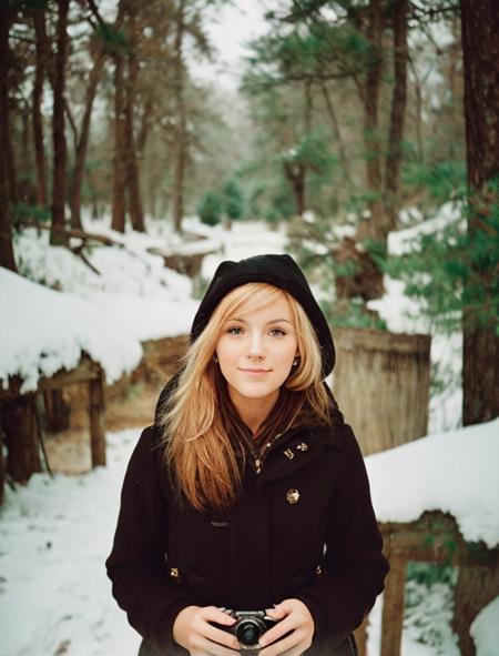 lml, film grain, portrait, woman, blonde, snow forest  <lora:LOMO LC-A MINITAR:0.9>