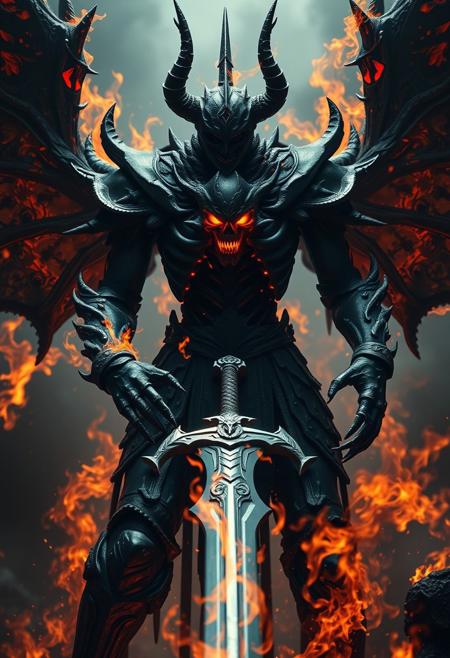 ultra-realism, dark high octane hyper-fantasy, insanely detailed, Demonic, pure power, pandemonium, tainted viking warrior, hollow, full_hollow_form, espada, , vasto Lorde, full hollow, dark, deranged, death knight, bursting energy inferno, Fractal patterned flames, leaking power, agony, pain, mania, bloodlust, primal evil magic, Norse berserker, Shinigami, manic murderer, bloodlust, transform, hellfire, orange+white hottest flame, molten petrified armored skin, skeletal brimstone exoshell, darkness within, deathly vivid details and vibrant colorful highlights, high dynamic range 32k high-resolution, horror, from front, sword focus,