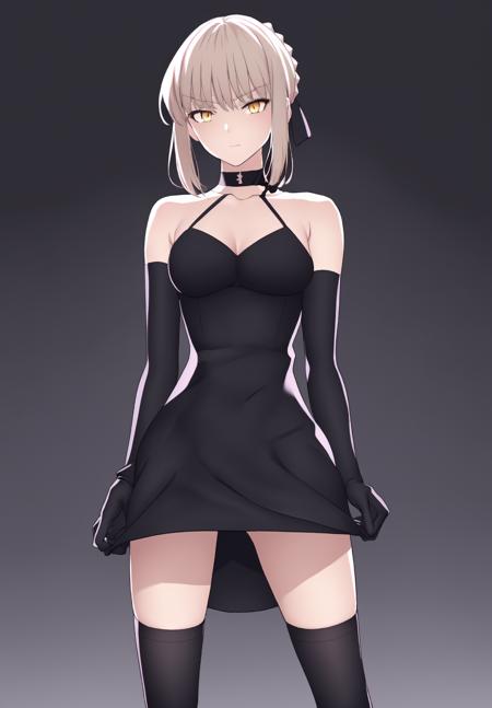 <lora:fate_nero:0.8>, fate_nero, 1girl, solo, looking at viewer, simple background, thighhighs, gloves, white background, dress, ribbon, bare shoulders, standing, collarbone, hair ribbon, yellow eyes, choker, black gloves, elbow gloves, black thighhighs, black dress, black background, artoria pendragon (fate), saber alter