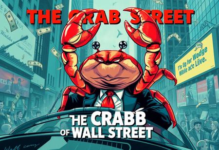 Reimagine ‘The Wolf of Wall Street’ as ‘The Crab of Wall Street,’ where the star is an ambitious, power-hungry crab taking the lead role. Picture this sharp-suited crab navigating the wild world of high finance, throwing cash, driving luxury cars, and giving rousing speeches with its claws raised in triumph. The scene should capture the frenzy and extravagance of Wall Street, with the crab leading the charge in a chaotic environment of greed and success. The main title on the image should read in bold: ‘THE CRAB OF WALL STREET,’ adding a fun and quirky twist to the iconic story of excess