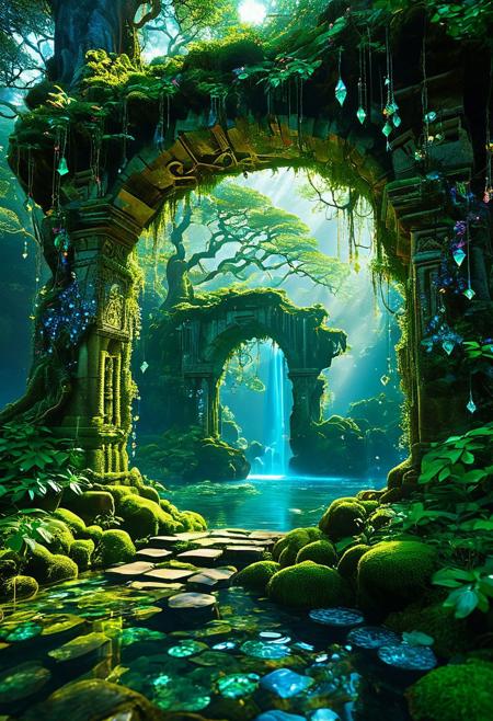 In the depths of an ancient, mystical forest, a swirling, ethereal portal shimmers with vibrant colors, suspended between two ancient, gnarled trees whose roots and branches intertwine to form a natural archway, the portal's surface undulates like liquid glass, reflecting a kaleidoscope of hues from deep indigo to bright emerald, through the portal, glimpses of a fantastical, otherworldly landscape can be seen, with floating islands, cascading waterfalls, and strange, luminous flora, glowing runes and arcane symbols float around the portal, pulsating with magical energy, the ground around the portal is covered in glowing moss and scattered with enchanted crystals that hum softly, the air is filled with a sense of anticipation and the faint whisper of otherworldly winds, beckoning adventurers to step through and explore the unknown realms beyond.