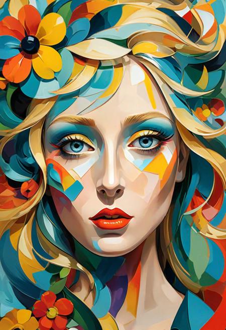 Vibrant and dynamic illustrations and vectors, bursting with color and life, offer viewers a visual feast for the eyes.A woman face, long golden blond hair, loose, windy. colorful flowers around her. By Pablo Picasso, Cubism style, Nouveau Realisme style, 3D max.. Colorful Glass paint. Modern.3ds Max.
