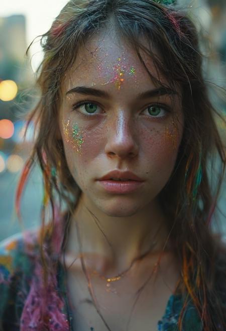 (extremely intricate:1.3), (realistic), photo of a girl in a bustling metropolis, weaving through crowded streets and dark alleyways, close up, Detailed clothes, green eyes, flowing hair, determined expression, shiny glossy skin, subsurface scattering, (sharp:0.7), [(colorful explosion psychedelic paint colors:1.21)::0.05], amazing fine detail, Nikon D850 film stock photograph Kodak Portra 400 camera f1.6 lens, rich colors, lifelike texture, dramatic lighting, urban environment, skyscrapers, neon signs, street vendors, dynamic composition, unreal engine, trending on ArtStation, cinestill 800 tungsten
, volumetrics dtx, (film grain, blurry background, blurry foreground, bokeh, depth of field, motion blur:1.3)<lora:more_details:0.6>