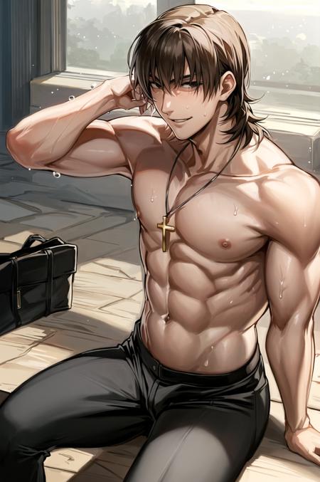 (masterpiece, best quality, detailed), 1boy, male focus, muscular,
sitting, bench, sweat, indoors, topless male, smile
<lora:KotomineKireiV1:0.7>, kotomine kirei, black pants, cross necklace