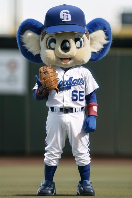 doala,  mascot ,baseball cap,baseball uniform,open mouth,looking at viewer,baseball stadium <lora:epoch-000100:0.7>