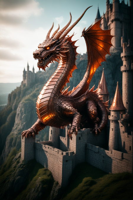A copper dragon flying over castle, cinematic photography  <lora:MadeOfCopper01_CE_SDXL:1>