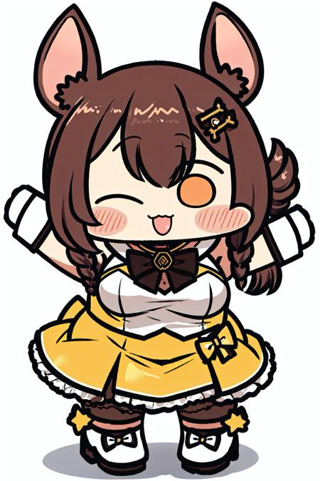 <lora:JazzJack:1>, 1girl, inugami korone, animal ears, virtual youtuber, solo, gloves, official alternate costume, hololive idol uniform, tail, dog ears, dog girl, one eye closed, bone hair ornament, dog tail, hair ornament, brown hair, twin braids, braid, white gloves, smile, white background, open mouth, breasts, simple background, brown eyes, thighhighs, full body, idol clothes, white footwear, bow, long hair, looking at viewer, skirt, dress, ;d, boots, arms up, white dress, bowtie, blush, large breasts, sleeveless, yellow bow, low twin braids, yellow skirt, bangs, wrist cuffs