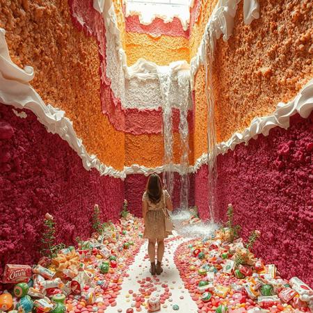at the bottom of the multi color cake valley. The valley is made from cake and melting cream. between towering, huge cake and huge topping cream. canyon of giant layered cake. plants created from sparkling candies. pebbles of candy spread along the path. Waterfall of wine flowing out of giant bottle. a woman approaching wall of cake and tasting. a woman facing toward viewer.