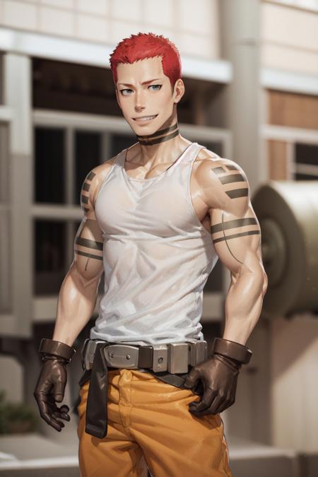 (masterpiece, best quality:1.2), <lora:fireforce_vulcanjoseph-10:1>, cowboy shot, solo, male focus, 1boy, vulcan joseph, muscular male, smile, looking at viewer, black tank top, orange pants, (gloves:1.1)