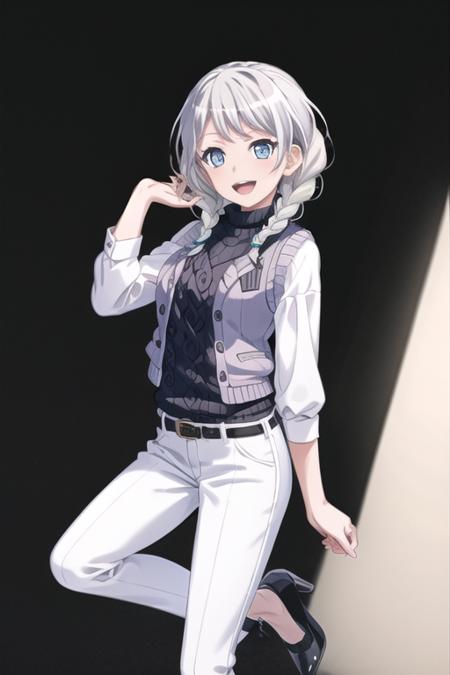 <lora:EveWakamiya-10:0.8>,wakamiya eve, 1girl, solo, long hair, looking at viewer, smile, open mouth, blue eyes, simple background, shirt, long sleeves, standing, white shirt, braid, white hair, :d, shoes, teeth, belt, pants, hand up, black footwear, vest, high heels, twin braids, sweater, turtleneck, upper teeth only, leg up, standing on one leg, black background, hair over shoulder, sweater vest, black belt, white pants, blue sweater