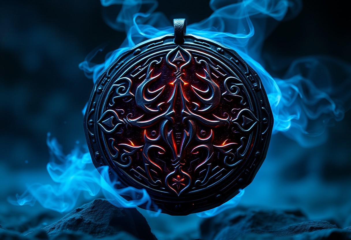 ancient amulet, glowing with dark blue and black energy, intricate sigils carved into obsidian, pulsating with infernal energy, ethereal blue mist swirling around, photorealism, high resolution, ((masterpiece)), suspended in mid-air, glowing demonic symbols floating around the amulet, deep blue and silver hues, dark and mysterious, surrounded by soft shadows, cold and foreboding aura, dark runes etched into the surface, ancient occult artifact, subtle cosmic energy radiating from within, black tendrils of energy reaching out from the edges
NEGATIVE: blurry, flat colors, dull, low quality, modern, cartoonish, overly bright, simplistic, futuristic
