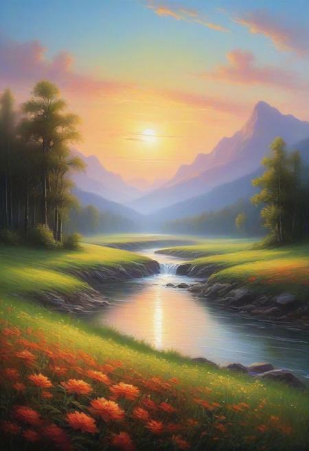 Immerse yourself in a serene masterpiece: a painting capturing the tranquility of a river coursing through a lush green field. This peaceful landscape, rendered in beautiful UHD 4K detail, is a testament to the artistry of nature. The scenery, a vibrant water river flowing amidst a dreamlike field, creates a blissful and detailed painting that resonates with the soul. Inspired by the styles of artists like Dan Mumford and Albert Bierstadt, this artwork basks in the warm hues of a floral sunset, casting a radiant glow across the landscape. It stands as a beautiful painting, a bright and vivid portrayal of the harmonious dance between nature and art. <?<<