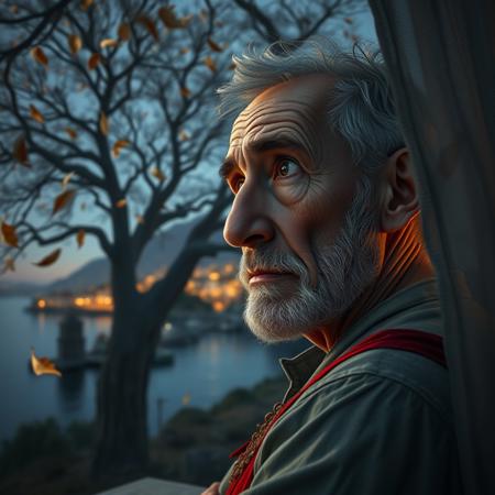 (photorealism:1.5)
1 oldman,  thoughtful expression, gazing at the majestic tree, falling leaves,  calm coastal village in the background, night time, pale colors, high contrast, hyper-realistic, serene atmosphere, pensive pose, detailed, high-definition, reflective mood, peaceful setting,
slight freckles, long eyelashes, thick eyebrows, torn pelvic sheer curtain, bridal gauntlets, torn red dress,