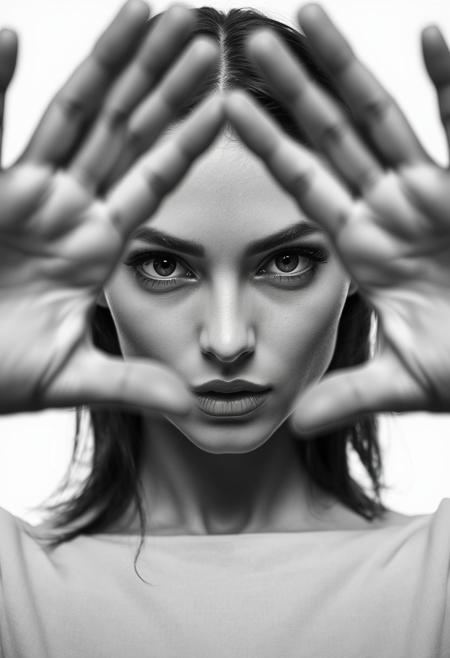 Foreground: a woman's hands framing her face, rendered with visible lines. Middle ground: her face, with an intense, direct gaze and subtly colored lips. Background: a stark, untextured white space. The woman's face and gaze are the central focus, captured in a high-fashion, black and white photographic style with sharp focus and strong contrast.