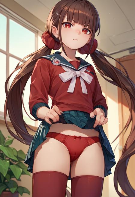 Harumaki, 1girl, low twintails, red eyes, brown hair, mole under eye, hairclip, red shirt, brooch, pleated skirt, white bow, red thighhighs, red scrunchie, boots