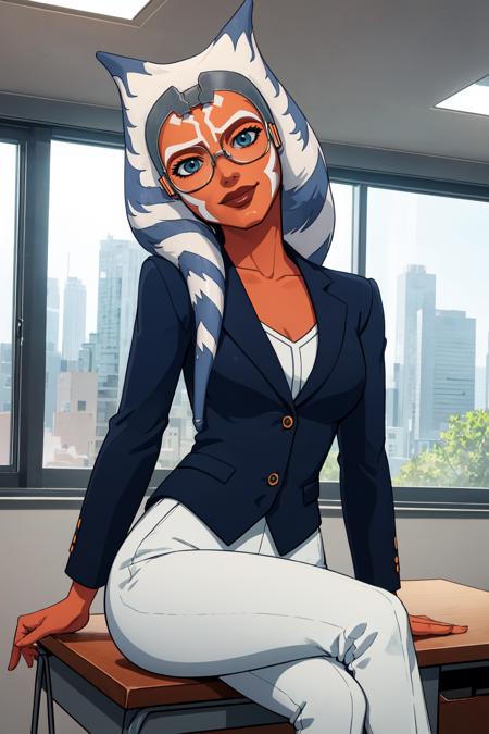 (masterpiece, best quality), indoors, office, window, city, cowboy shot, 1girl, solo, AhsokaS7, AhsokaS7Outfit, colored skin, medium breasts, <lora:AhsokaS7_V1-Manityro-dadapt:1>, looking at viewer, sitting, on desk, smirk, head tilt, crossed legs, collarbone, (white blazer), white suit pants, semi-rimless eyewear, white vest