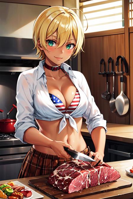 masterpiece, best quality, highres, mi1, dark skin, blonde hair, ahoge, green eyes, blue eyes, american flag bikini, plaid skirt, collar, bikini top only, tied shirt, <lora:mito_ikumi_v10:0.7>, smile, holding knife, kitchen, indoors, meat,