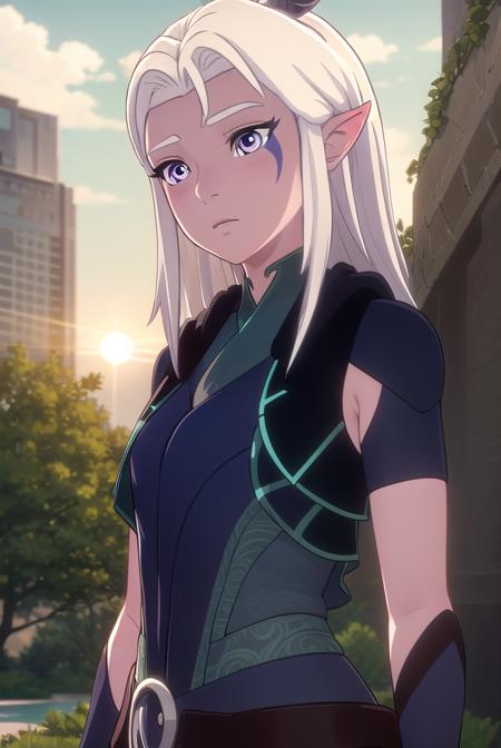 rayla, long hair, white hair, horns, pointy ears, (purple eyes:1.1), boots, belt, bodysuit,