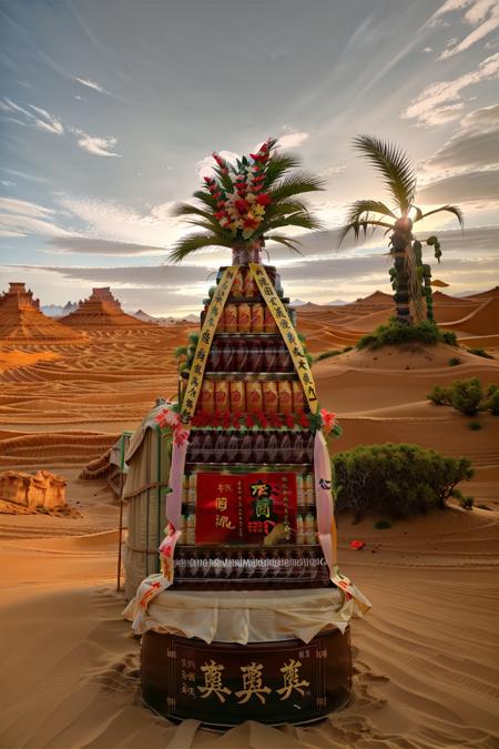 RAW photo, RAW photo,no humans, a large  Taiwan-caned-offering in desert ,with canned drinks arranged on it. best quality, masterpiece, 8k uhd, dslr, soft lighting, high quality, film grain, Fujifilm XT3 <lora:100_Taiwan offering_1v_5_768_0001deep5e_off:1>