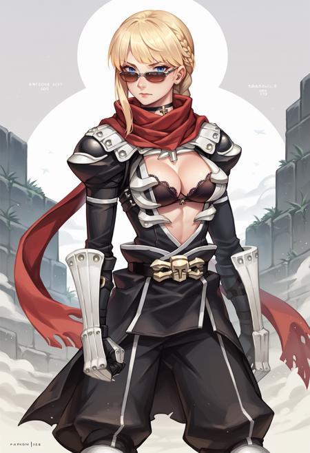 assassincross-ro, scarf, shoulder armor, red scarf, open shirt, gauntlets, vambraces, boots, black clothes, white armor, 