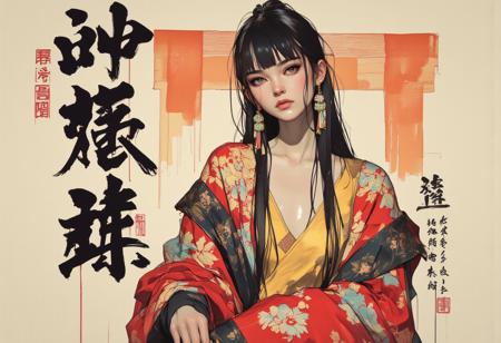 OBxiaoxiang, inksplash portrait of stunning oriental princess stting outside shinto shrine, long hair, sidelocks, bangs, hair ribbon,  earrings, necklace, choker, red and gold cheongsam, direct gaze, light hitting one side of face, gradient colour background, Japanese kanji