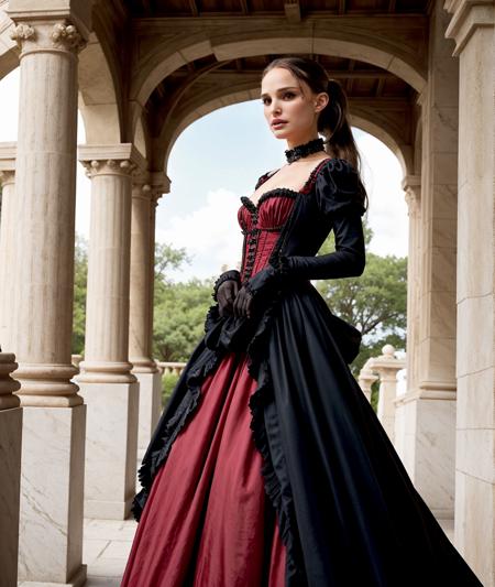 Natalie Portman, with long hair high ponytail, gothic make up, 
She wears an elaborate, steampunk dress. The color palette of the dress is fading red and black.
She stands under a marble column gazebo, she has a perplexed expression while she's looking at her dress. Front view, summers day,  <lora:natalie_portman:0.8>