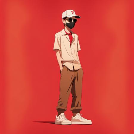 <lora:xuehua:1>,xh,1boy,solo,male focus,hat,simple background,shirt,baseball cap,white footwear,pants,shoes,mask,sunglasses,standing,full body,short sleeves,white shirt,red headwear,red background,brown pants,