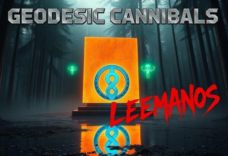 “A cinematic, high-tech scene with the Algiz rune and a glowing orange marble monolith set in a misty, Italian-inspired forest, captured with a Sony prime lens for vivid detail. The metallic, neon-blue rune stands beside the polished monolith, casting bold reflections across the forest floor. Two neon-green, floating aliens orbit the rune, radiating a spectral green glow. At the top, styled in classic hard rock fashion, the band name ‘GEODESIC CANNIBALS’ appears in rugged, cracked chrome text with sharp edges, evoking heavy-metal album covers, while the album title ‘REGURGITATE ALLEMANOS’ is scrawled beneath it in intense, blood-red letters, resembling spray paint or dripping ink. This raw, edgy aesthetic amplifies the scene’s mysticism and futuristic grit, blending supernatural elements with high-voltage rock energy.”