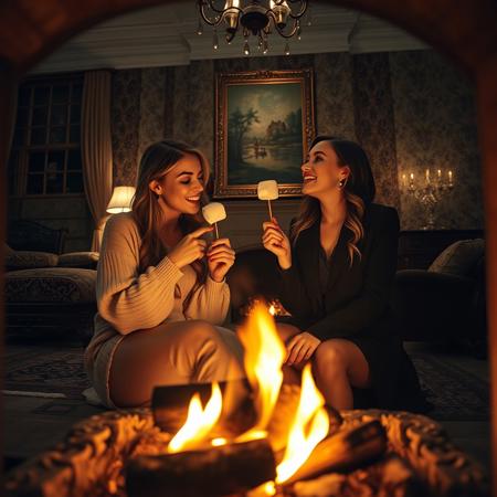 point of view from inside a fireplace in a home, looking out on two women.
luxury home, ornate bedroom, oriental rug, impressionist painting on wall, Persian wallpaper, soft indirect lighting, drapes, carved wooden furniture, low fire in a large fireplace, two beautiful women roasting one small marshmallow piece  on long sticks over the low flames in the fireplace, nighttime, dark, focused soft light from fire on women's faces, one eating her marshmallow , the other joyfully looking at the other woman and touching her on the cheek, pov from the fireplace