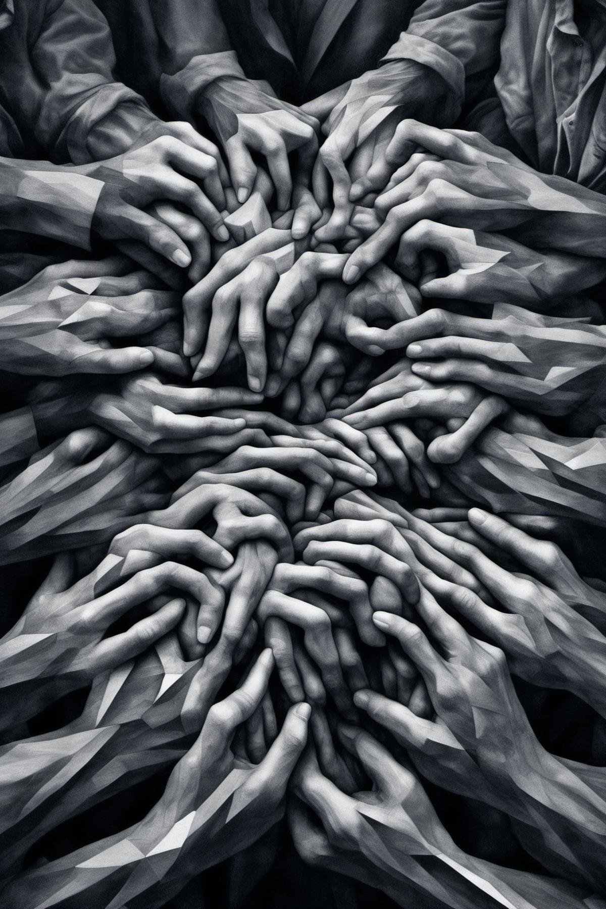 impossible Escher man hands composing all together an overall shape similar to an undefined face, front view, photorealistic, RAW photo, dark oil everywhere