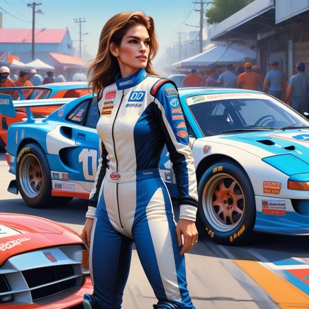 cindy crawford, a woman race car driver, leaning against her car. Digital illustration, very vibrant colors, soft lighting, adventurous, atmospheric lighting, 8K, octane render. By Makoto Shinkai, Stanley Artgerm Lau, WLOP, Rossdraws, warriors fan art, James Jean, Andrei Riabovitchev, Marc Simonetti, krenz cushart, Sakimichan, D&D trending on ArtStation, digital  woman race car driver, leaning against her car, hot wheels, concept art, fantasy art, highly detailed, hyperrealistic, artstation, deviantart, behance