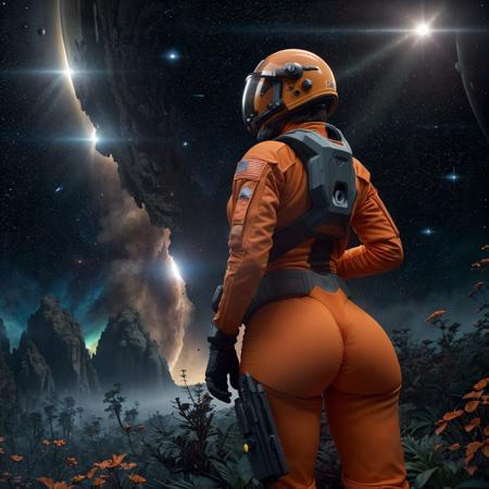 Masterpiece, highest quality, rear angle, Highly detailed photo of a (female space soldier wearing orange and white space suit, helmet, with tinted face shield, rebreather, accentuated booty), athletic body, buff ass, [wide hips], (bending over and leaning forward to investigating a strange glowing alien artifact), on alien exoplanet, (mountains:1.1), (exotic rain forest), lush vibrant foliage, (two moons in the sky:0.8), (hyperdetailed, intricately detailed), background by Jessica Rossier, (sci-fi), during the day, (lens flare:0.5), (bloom:0.6), particle effects, (cinematic lighting:1.1), sharp shadows, ambient light, [bioluminescente], raytracing, photographed on a Leica S3, RF 35mm lens, F2.8 , sharp focus, Cinestill 800T, still frame from Gravity 2013, 8k, HDR, from behind, (epic)