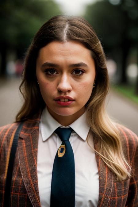 Realistic photo of a beautiful 41m33l-v1 woman,  1girl, solo, long hair, simple background, (((blonde hair))), shirt, brown eyes, school uniform, jacket, upper body, parted lips, necktie, teeth, mole, lips, eyelashes, black necktie, realistic, nose, soft lighting, professional Photography, Photorealistic, detailed, RAW, analog, sharp focus, 8k, HD, DSLR, high quality, Fujifilm XT3, film grain, award winning, masterpiece<lora:41m33l-v1:1.0>