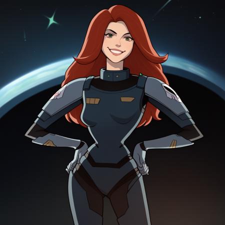 red hair, long hair, green eyes bodysuit, armor,  gloves