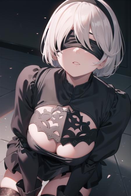 2b, (black blindfold:1.5), black hairband, blindfold, hairband, short hair, white hair, black skirt, black thighhighs, boots, cleavage cutout, clothing cutout, hairband, high heels, long sleeves, robot, side slit, skirt, thigh boots, thighhighs,