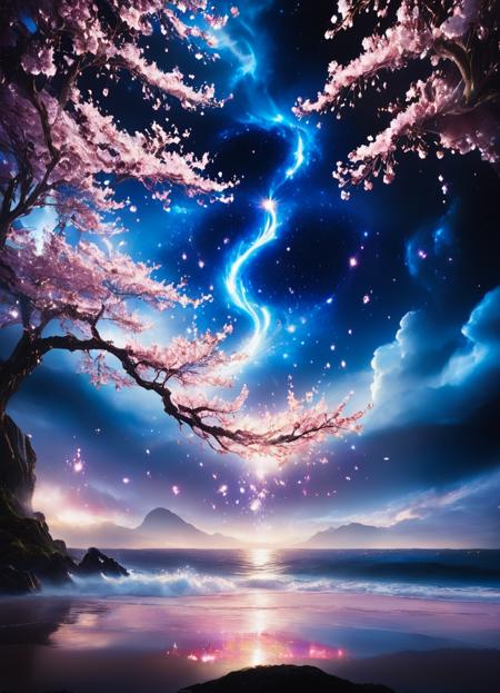 epic cinematic shot of dynamic reij-splshpwdr a starsky reflected in the sea surrounded by cherry blossom trees by starLS, ArsMJStyle, inside a ring of stylised cherry blossom in motion. main subject of high budget action movie. raw photo, motion blur. best quality, high resolution