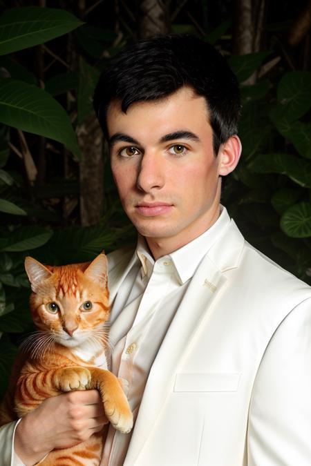 raw photo of a young man, extreme close up, in a stunning oversized white suit, baggy white suit, holding an orange cat, in a jungle paradise, 8k uhd, fujifilm xt3