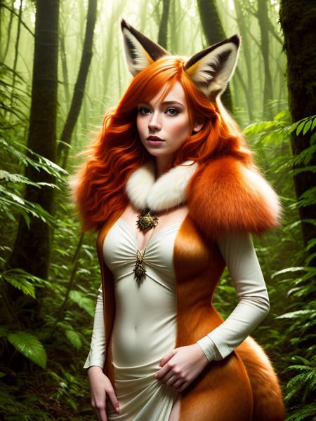 award winning digital art of a beautiful woman with fox ears and tail, (ginger hair), fur, fully clothed, in a lush forest, fantasy, d&d, masterpiece, best quality, high contrast, soft lighting, backlighting, bloom, light sparkles, chromatic aberration, smooth, sharp focus