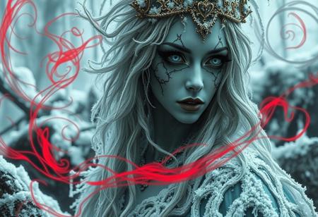 “A hyperrealistic depiction of an ice princess with an eerie ambiance, wearing heavy gothic makeup, set in a rotten and decayed world. The scene is intricate with frost-covered elements, blending a fantasy horror concept with a dark fairytale wonderland background. Red and acid green color twirls swirl through the scene, adding an ominous and sinister touch. The white and gold color palette contrasts sharply with decayed, rotting surroundings and the red and green accents, creating a haunting atmosphere. The image uses a 12mm lens effect to enhance depth and distortion, with sharp contrasts, deep shadows, and an ultra-detailed photorealistic style. The ice princess appears both enchanting and terrifying, emanating mesmerizing visual storytelling in a chilling, frost-bitten, and decayed environment. A rotten writing in ebon wood reads ‘a buzz 4 the Queen?’.”