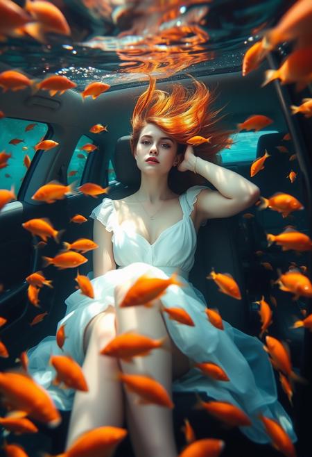 an image of a woman with red hair wearing a white dress, sitting and leaning against the seat in the passenger seat of a car that is submerged underwater, her hair is floating, no make up, natural face. Numerous orange fish are swimming around her and the car, creating a surreal and serene underwater environment. Sunlight is coming from the above, making her hair glow,  ethereal lights.
