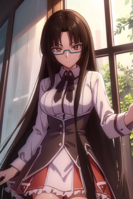 tsubakishinra, <lora:tsubaki shinra anime s2-lora-nochekaiser:1>,
tsubaki shinra, long hair, black hair, (brown eyes:1.5), glasses, semi-rimless eyewear, under-rim eyewear, (parted bangs:1.5), bangs, blunt bangs,
BREAK shirt, ribbon, school uniform, white shirt, black ribbon, neck ribbon, long sleeves, skirt, red skirt,
BREAK indoors, classroom,
BREAK looking at viewer, (cowboy shot:1.5),
BREAK <lyco:GoodHands-beta2:1>, (masterpiece:1.2), best quality, high resolution, unity 8k wallpaper, (illustration:0.8), (beautiful detailed eyes:1.6), extremely detailed face, perfect lighting, extremely detailed CG, (perfect hands, perfect anatomy),