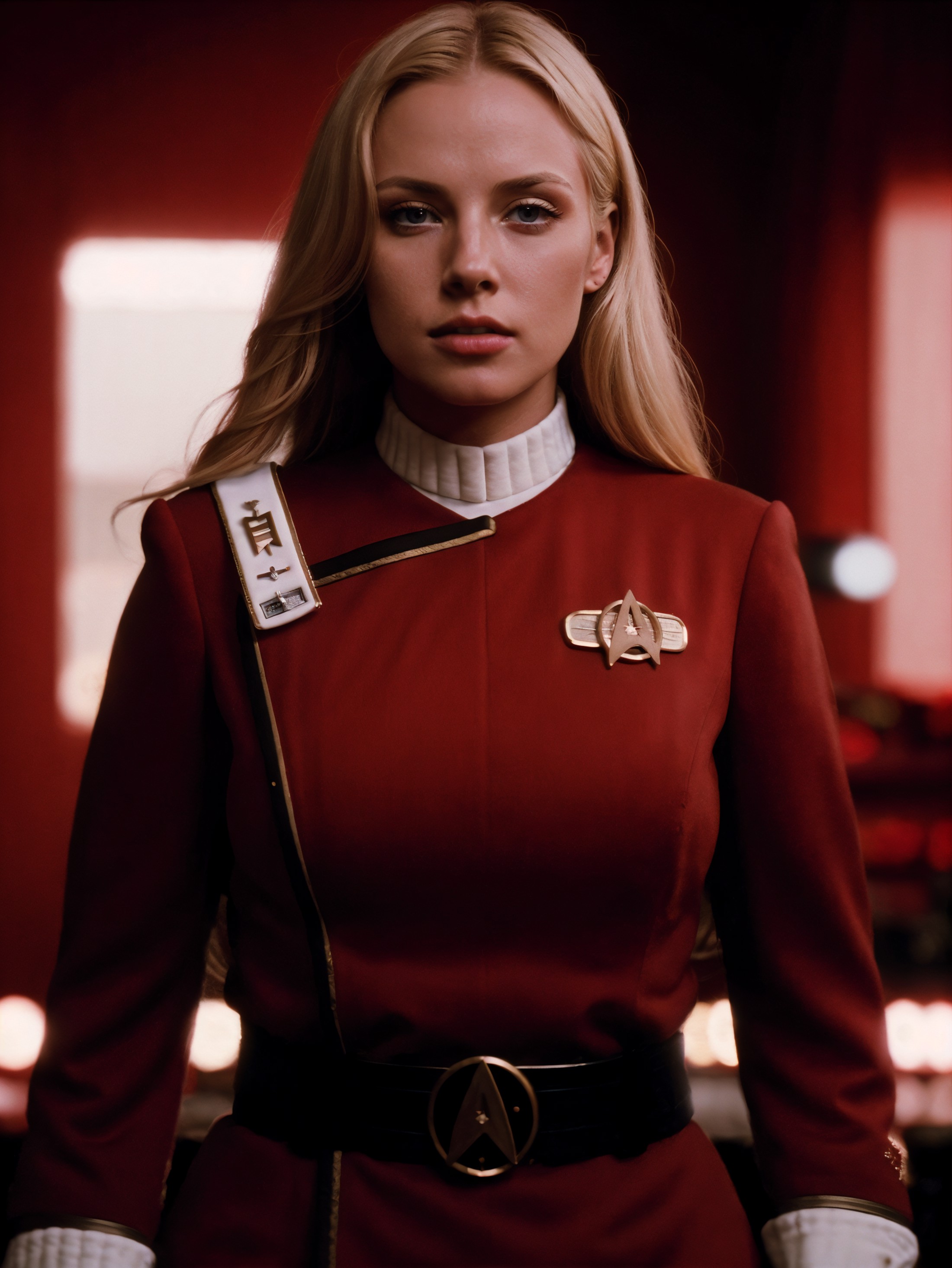 beautiful blond woman in twokunf red uniform,professional photograph of a stunning woman detailed, sharp focus, dramatic, ...